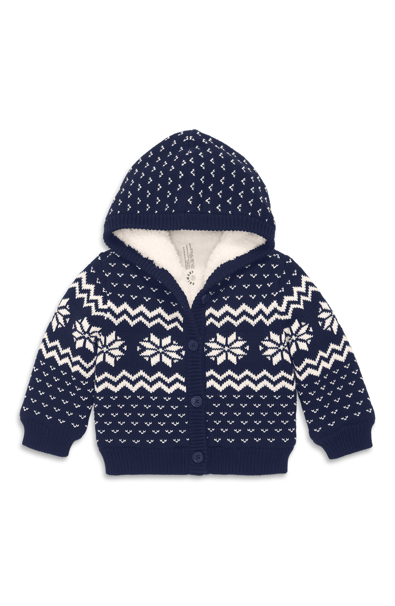 Primary Baby Fleece-Lined Cardigan In Snowflake Fair Isle, Main, color, 