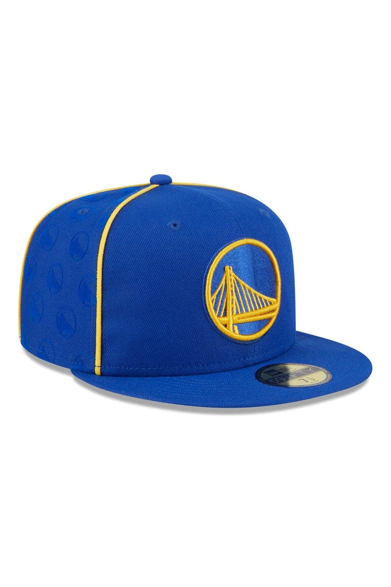 Men's New Era Royal Golden State Warriors Piped & Flocked 59Fifty Fitted Hat, Alternate, color, Royal