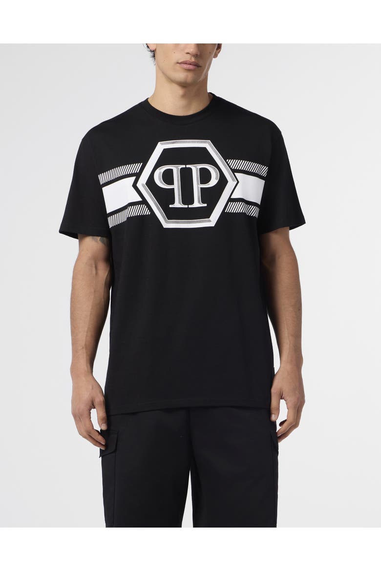 Round Neck T-Shirt Hexagon Line Men, Main, color, black