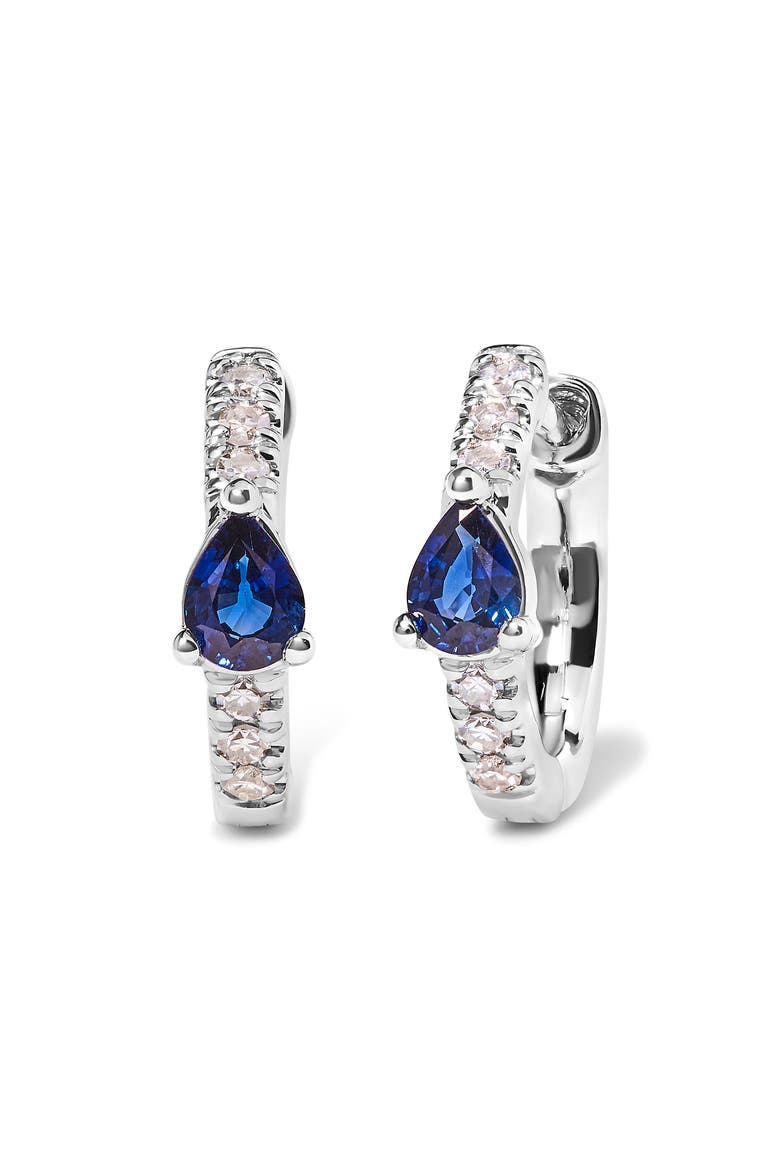 10K White Gold Pear Shaped Blue Sapphire and 1/10 Ct Diamond Huggy Hoop Earrings, Alternate, color, White