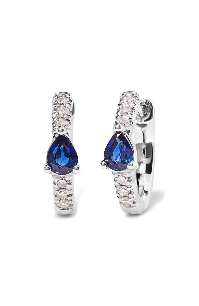 Haus of Brilliance 10K White Gold Pear Shaped Blue Sapphire and 1/10 Ct Diamond Huggy Hoop Earrings, Alternate, color, White
