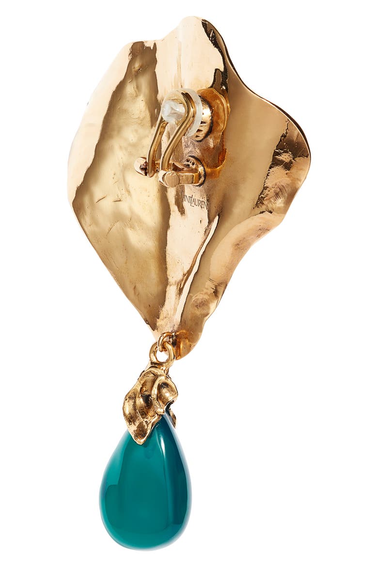 Heart Drop Cabochon Clip-On Earrings, Alternate, color, DARK GREEN/ GOLD