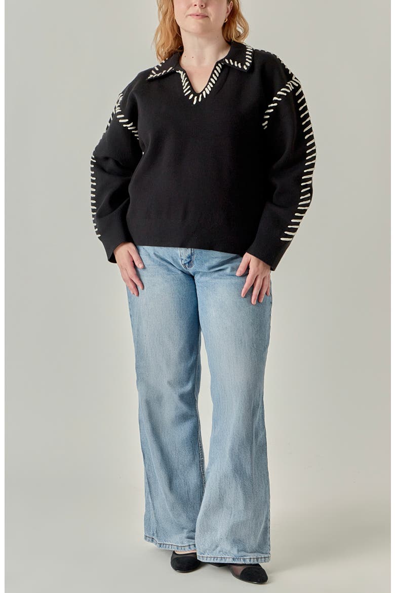 Blanket Stitch Detail Knit Top, Alternate, color, BLACK/ WHITE