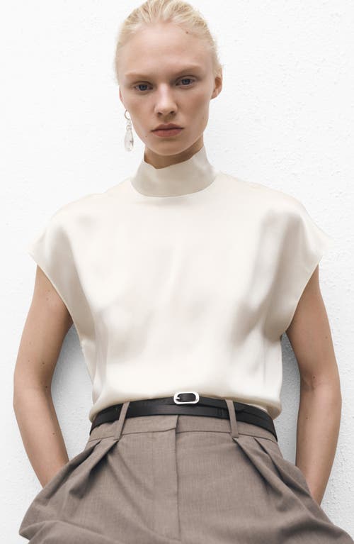 Mango Mock Neck Silk Satin Top In Ecru