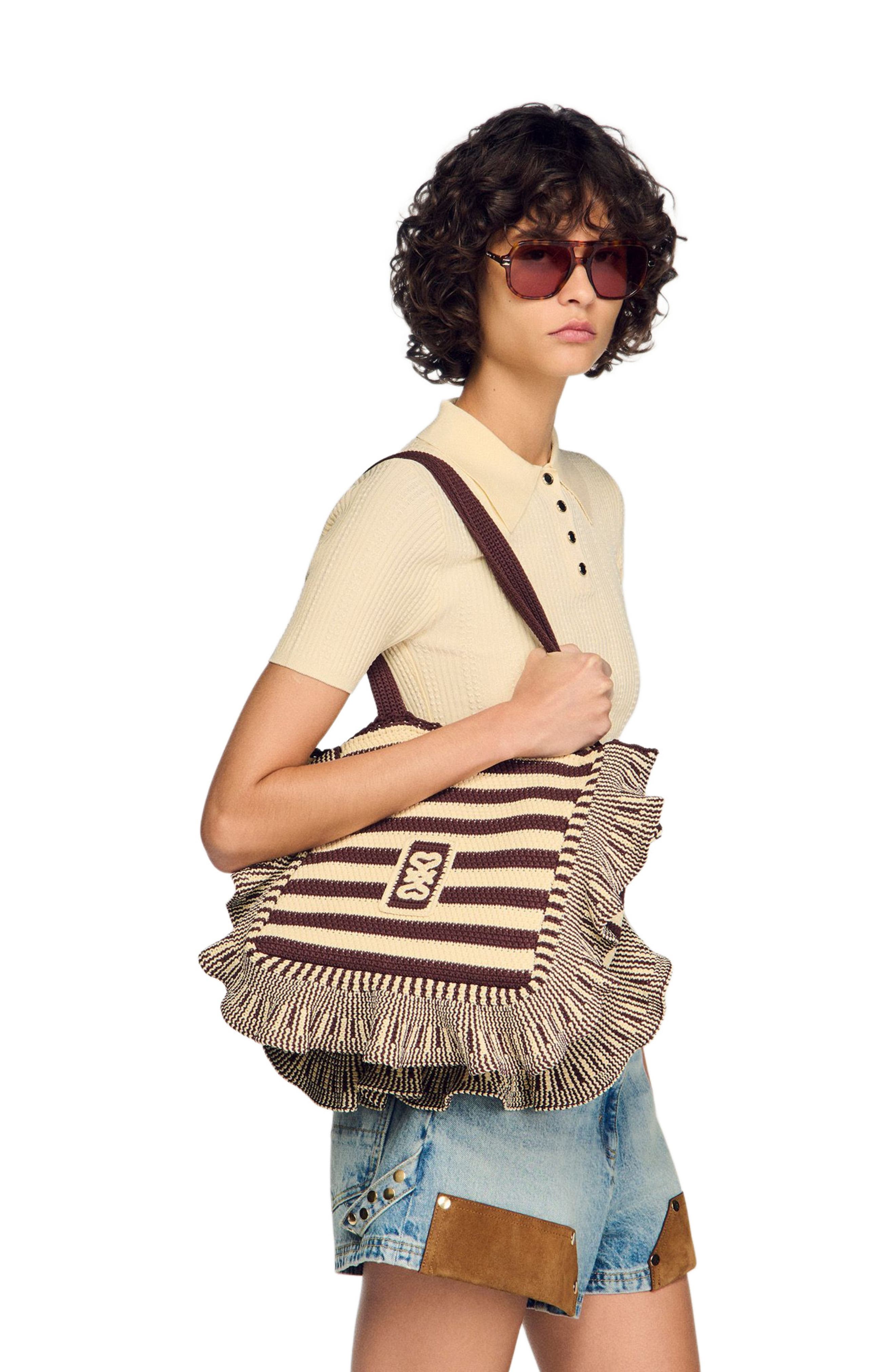 SANDRO Striped crochet bag, Alternate, color, Ecru / Brown