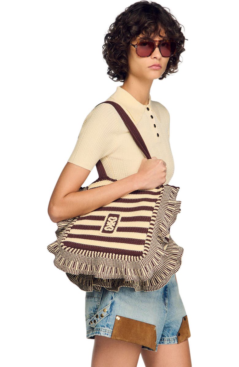 SANDRO Striped crochet bag, Alternate, color, Ecru / Brown