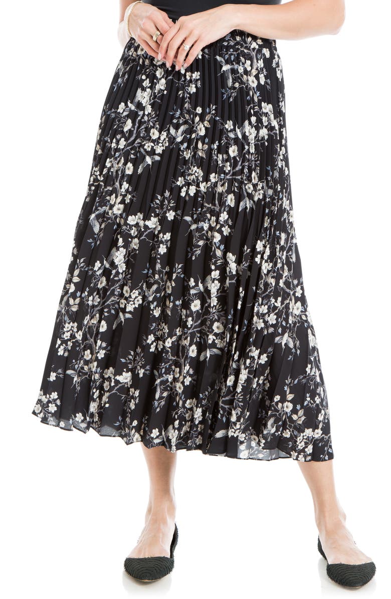 MAX STUDIO Graduated Pleat Knee-Length Midi Skirt, Alternate, color, Black/ Cream Blossom