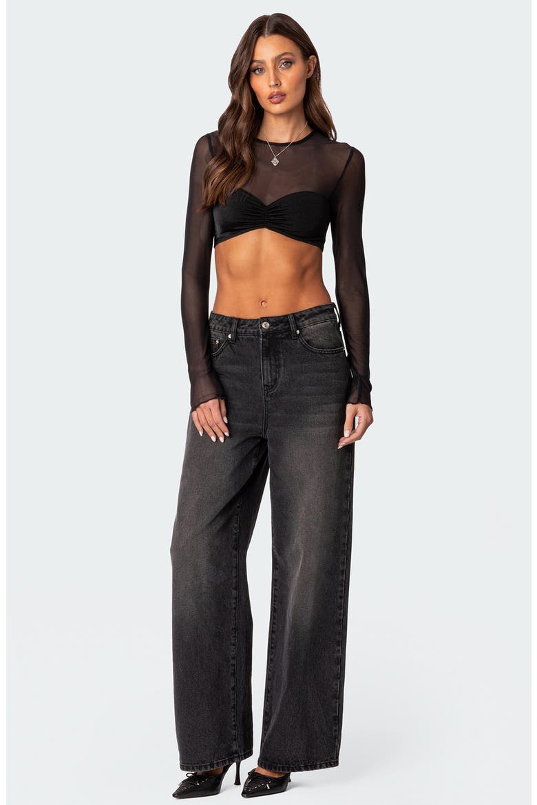 Night Out Long Sleeve Illusion Neck Crop Top, Alternate, color, BLACK