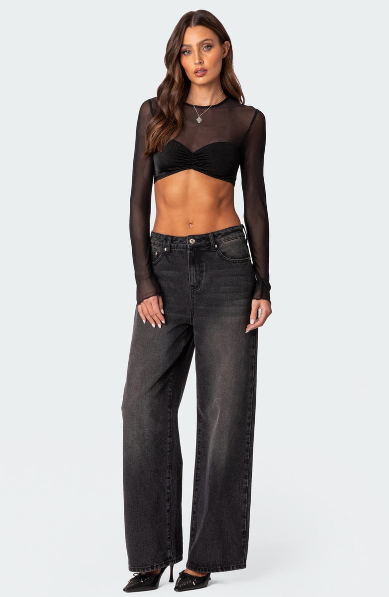EDIKTED Night Out Long Sleeve Illusion Neck Crop Top, Alternate, color, Black
