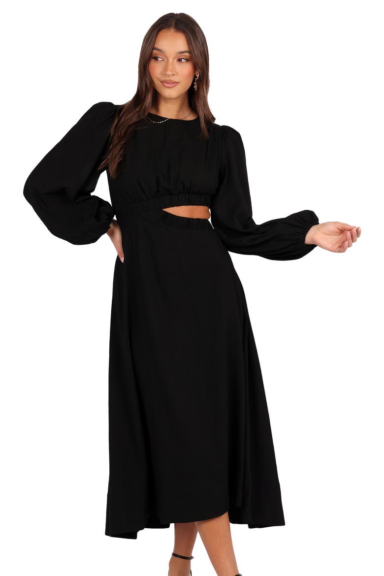 Ginnee Long Sleeve Cutout Midi Dress, Alternate, color, BLACK
