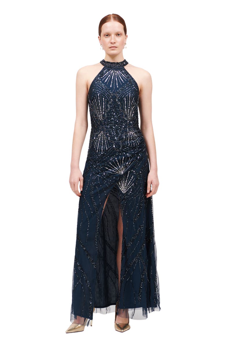 BEAUUT Occasion Embellished Sequin Beaded Halter Neck Evening Maxi Dress, Main, color, Navy