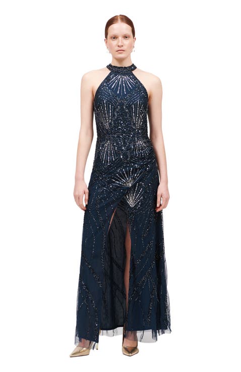 Occasion Embellished Sequin Beaded Halter Neck Evening Maxi Dress