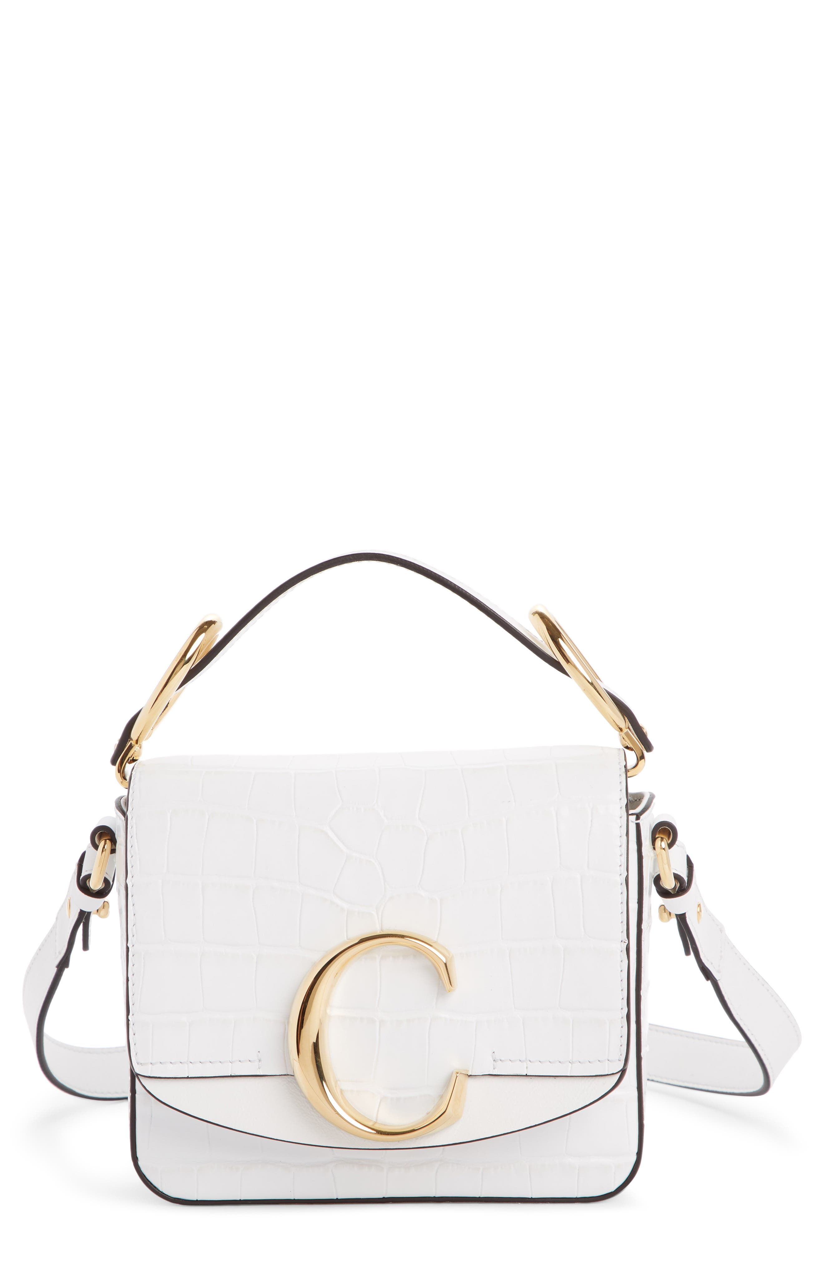 Mini C Croc Embossed Leather Satchel, Main, color, BRILLIANT WHITE