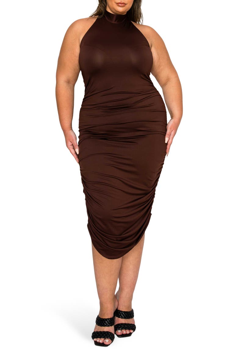 Izzy Ruched Midi Halter Dress, Main, color, MOCHA DARK