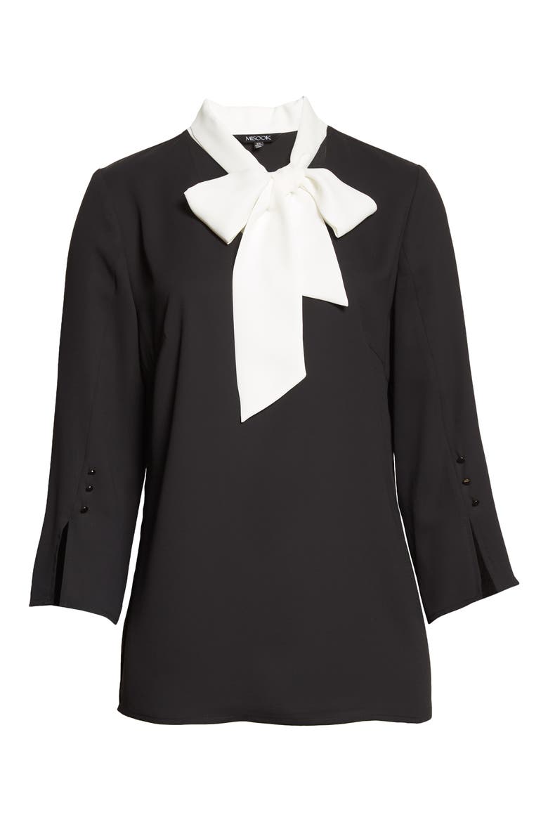 Contrast Tie V-Neck Crepe de Chine Blouse, Alternate, color, BLACK/ WHITE