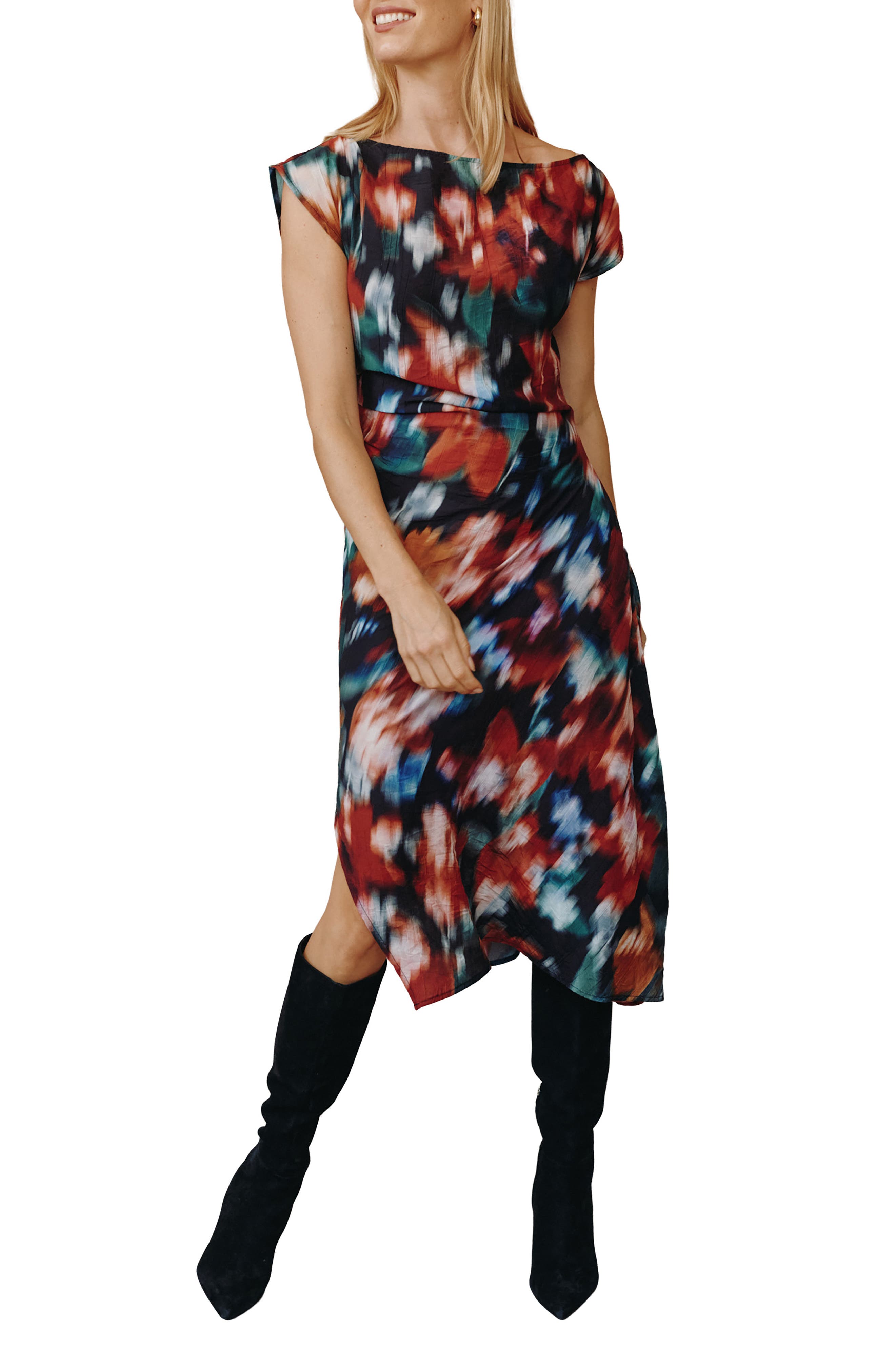 Blurred Boat Neck Midi Dress