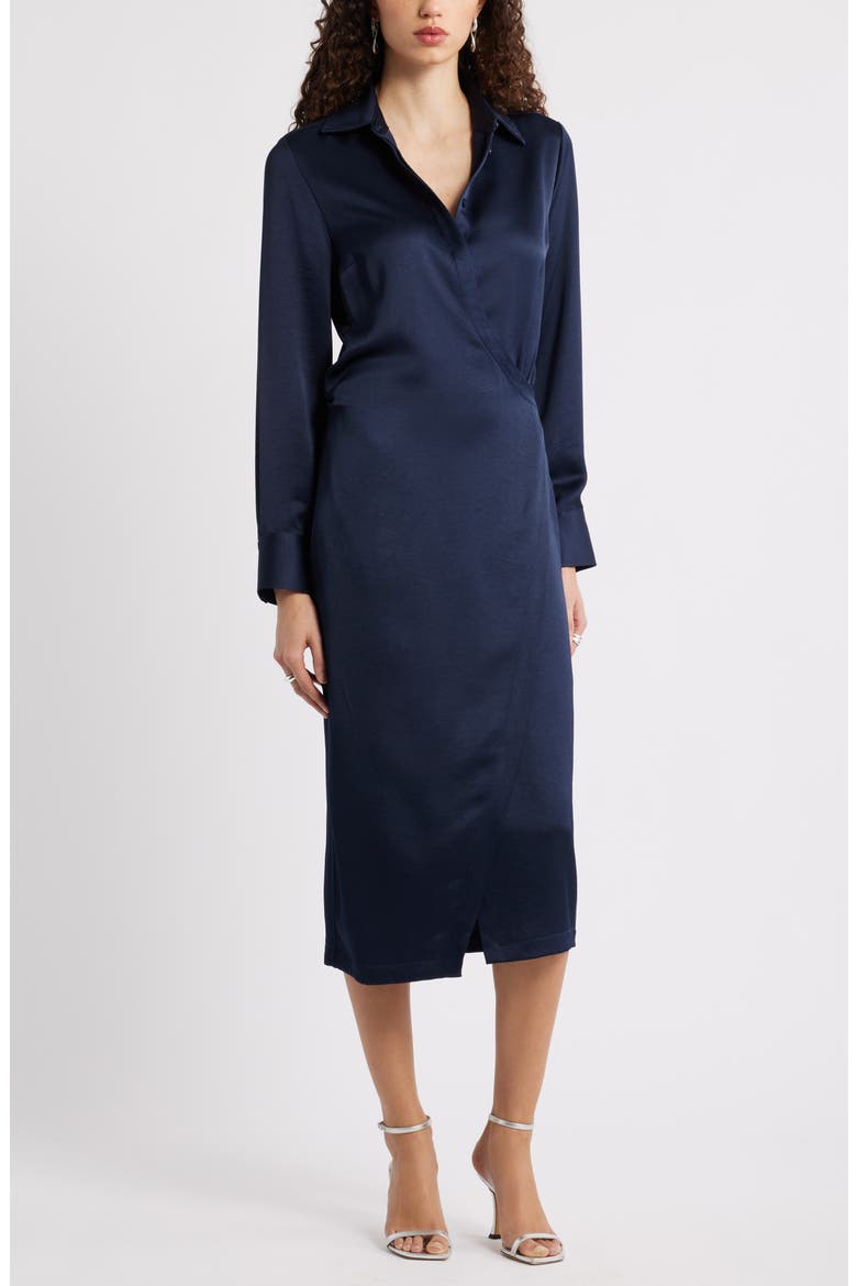 Long Sleeve Faux Wrap Satin Shirtdress, Main, color, NAVY NIGHT