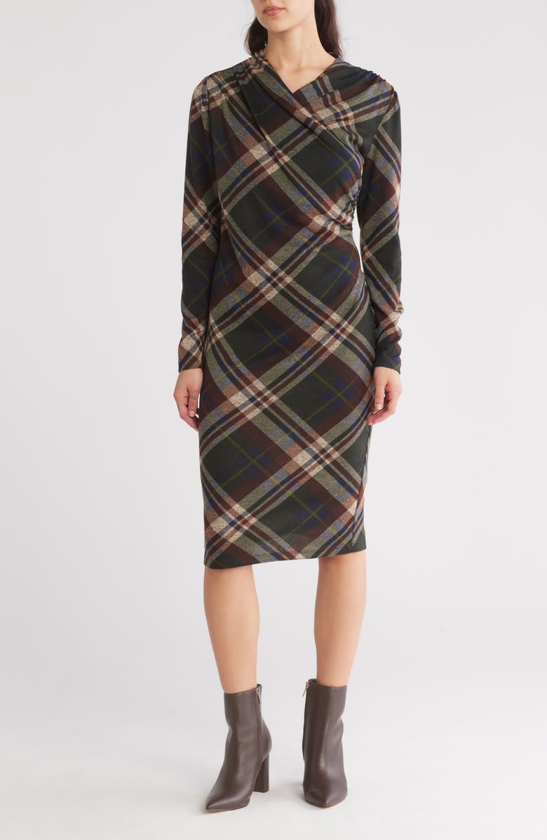 Connected Apparel Plaid Long Sleeve Dress, Main, color, Olive