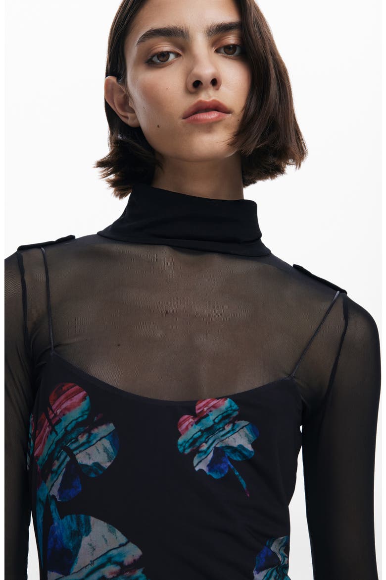 Long Sleeve Floral Print Dress, Alternate, color, BLACK