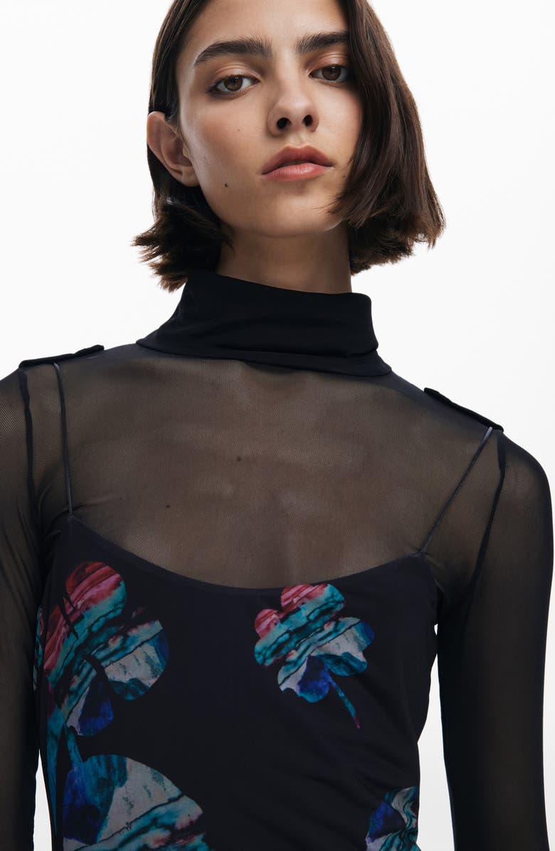 Desigual Long Sleeve Floral Print Dress, Alternate, color, Black