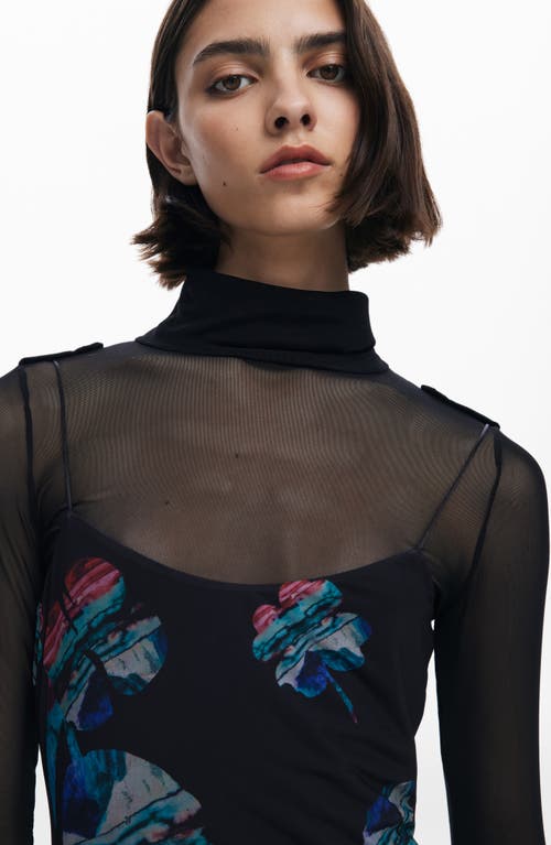 Desigual Long Sleeve Floral Print Dress In Black