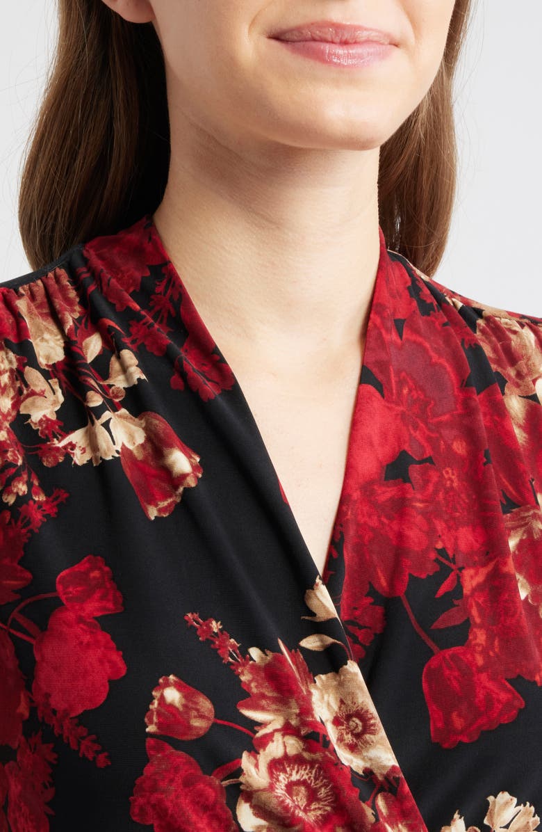 Anne Klein Floral Print Ruched Sleeveless Top, Alternate, color, Anne Black Multi