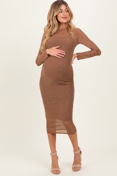 Pinkblush Rhinestone Mesh Long Sleeve Midi Dress In Brown