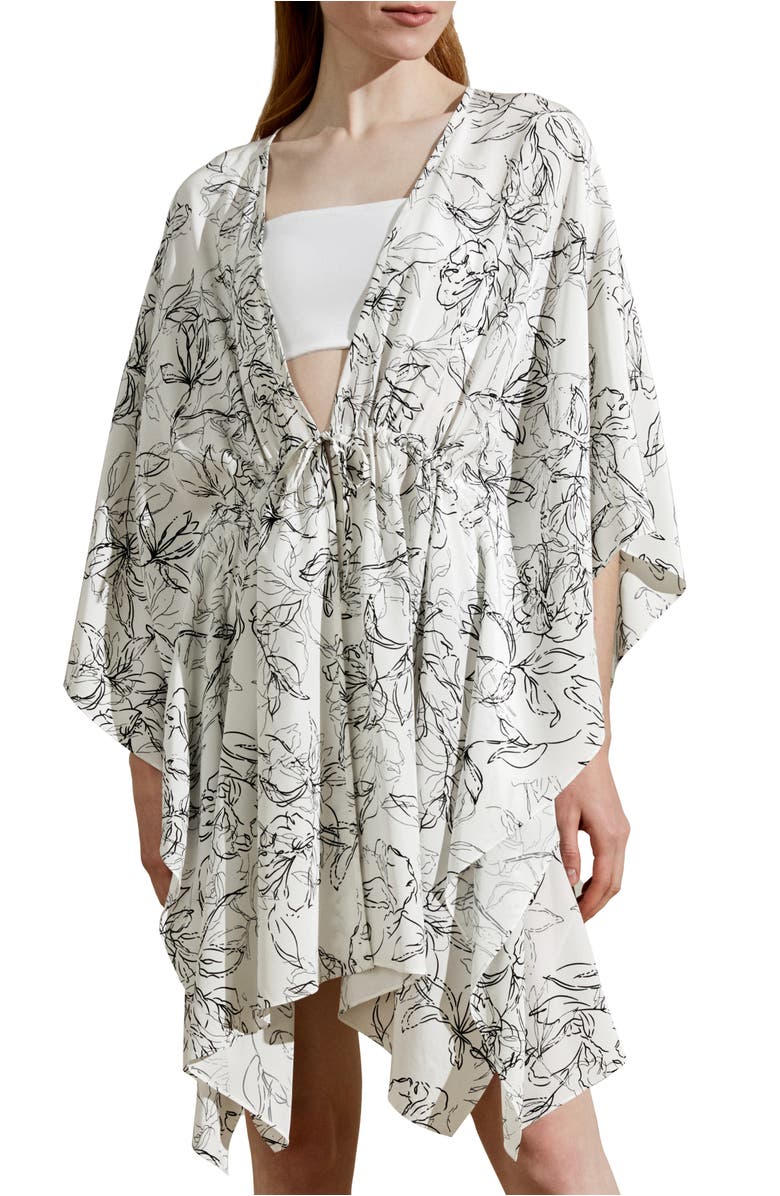 Lilysilk Floral Sketch Silk Cardigan, Main, color, Black-White Floral Pattern