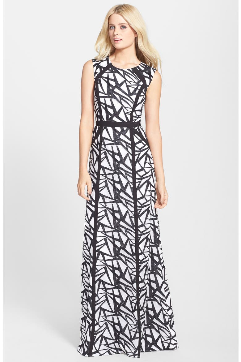 'Daniela' Sleeveless A-Line Gown, Main, color, BLACK WHITE