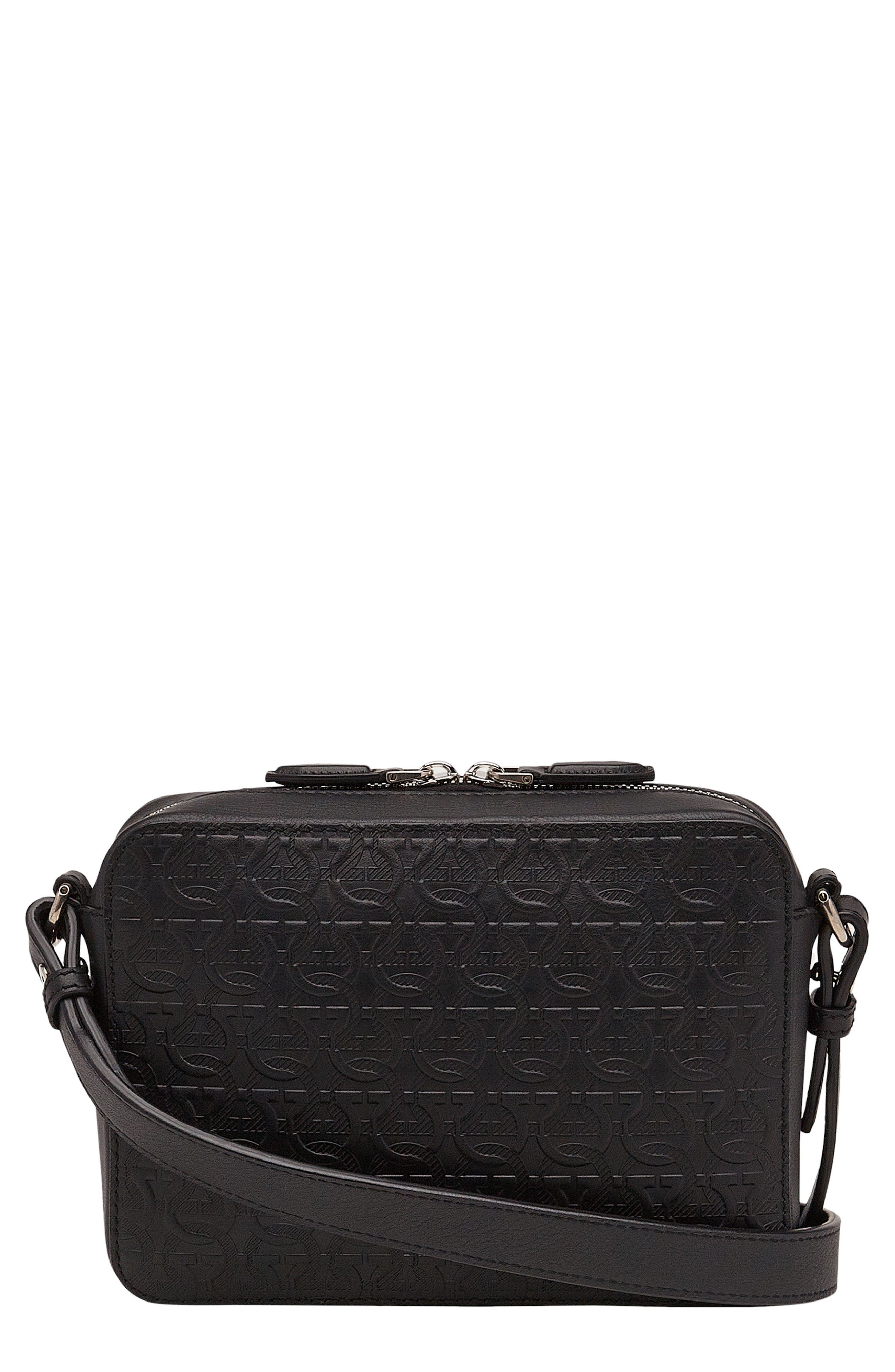 Gancio Embossed Leather Travel Shoulder Bag, Main, color, NERO