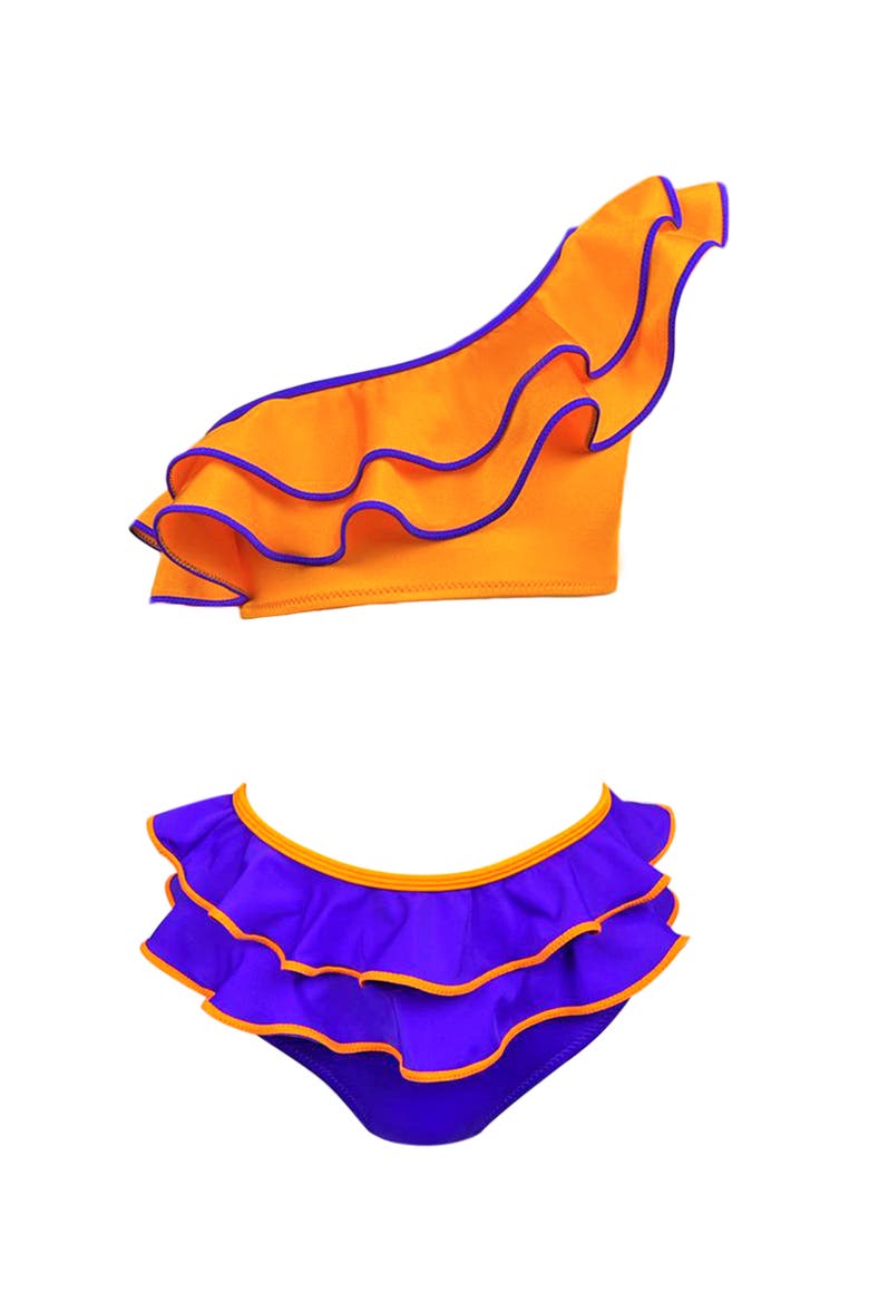 Kids' One Shoulder Multi-Layered Ruffle Two-Piece Bikini, Main, color, Orange-Blue