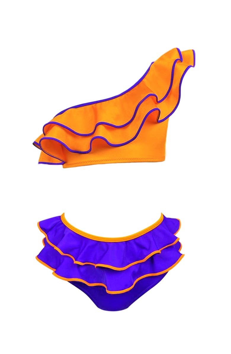 NESSI BYRD Kids' One Shoulder Multi-Layered Ruffle Two-Piece Bikini, Main, color, Orange-Blue