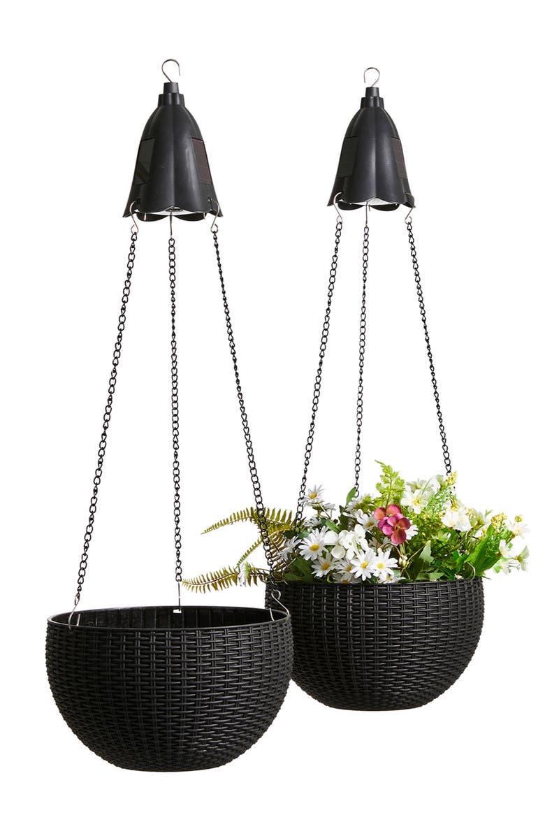 Glitzhome Set of 2 Solar Lighted Hanging Black Plastic Basket Planters, Main, color, Black