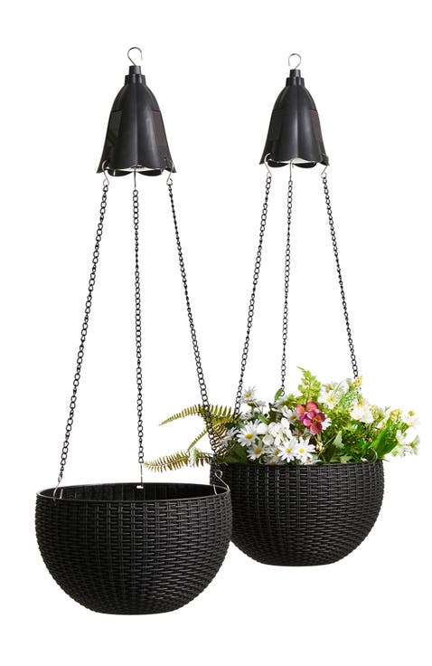 Set of 2 Solar Lighted Hanging Black Plastic Basket Planters
