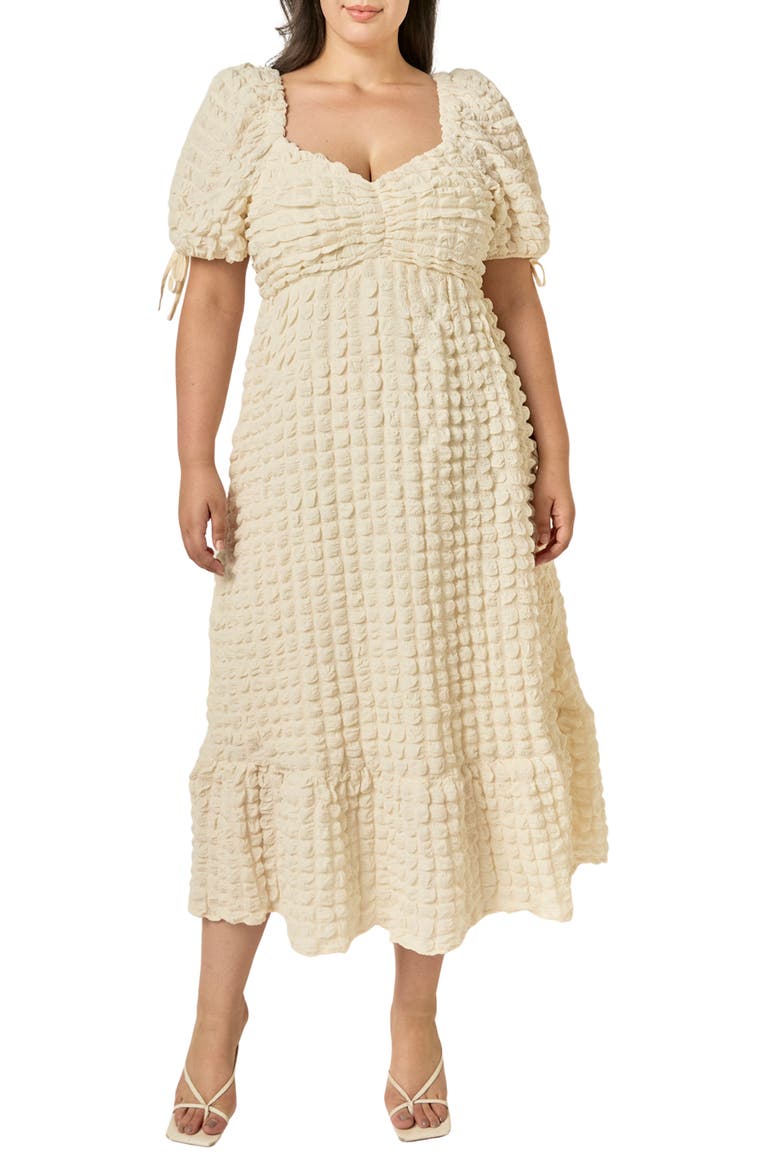 Textured Puffed Sleeve Midi Dress, Main, color, IVORY