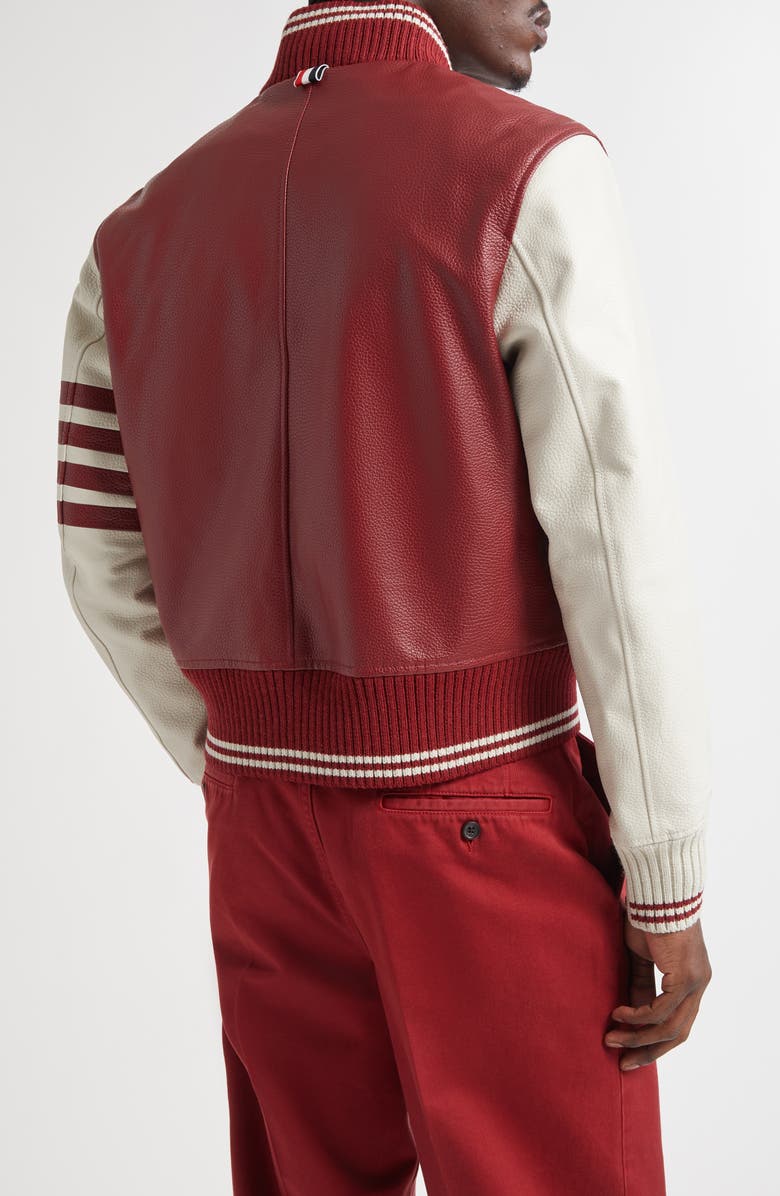 Thom Browne 4-Bar Leather Varsity Jacket, Alternate, color, Burgundy