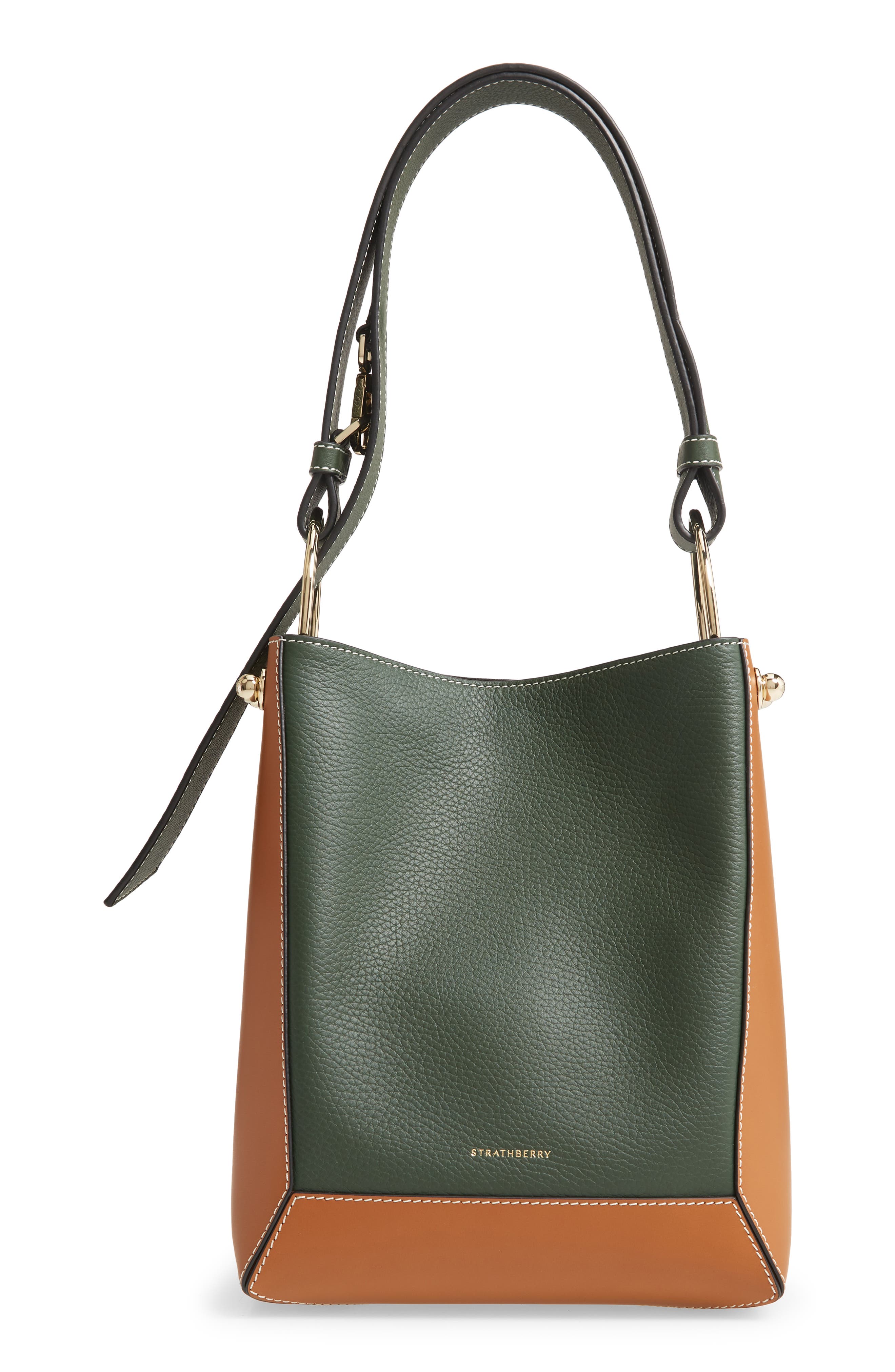 Lana Midi Bicolor Leather Bucket Bag, Main, color, TAN/BOTTLE GREEN