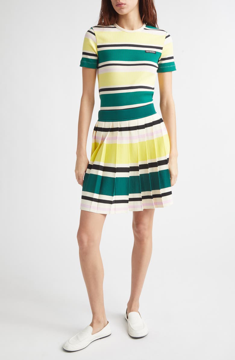 Marimekko Runous Helvi Stripe Pleated Knit Skirt, Alternate, color, Dark Green Yellow Black