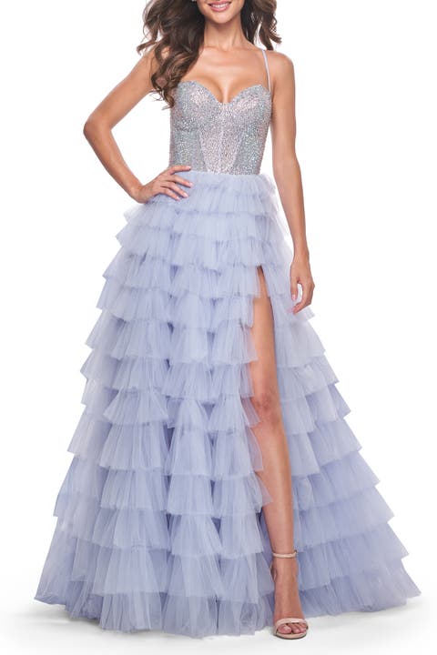 Ruffle Tulle Prom Dress with Rhinestone Bodice