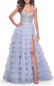 La Femme Ruffle Tulle Prom Dress with Rhinestone Bodice