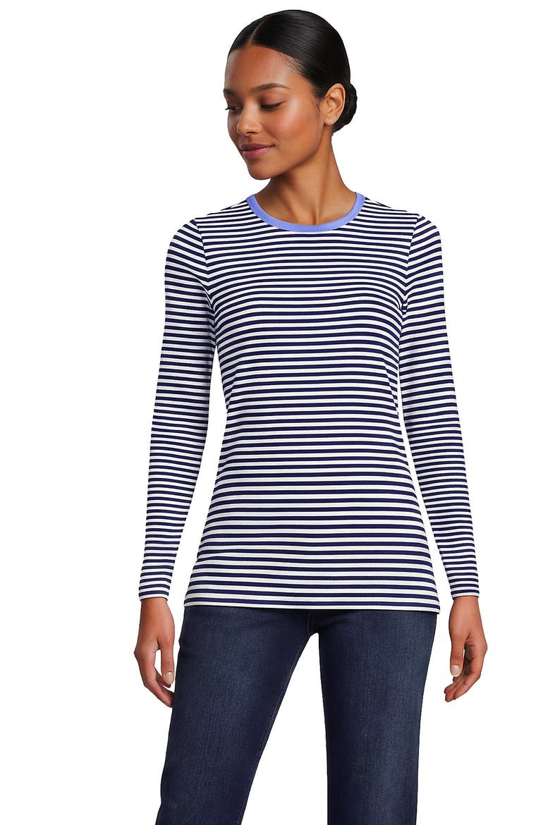 Petite Long Sleeve Micro Rib T-Shirt, Main, color, Deep Sea Navy/White Stripe