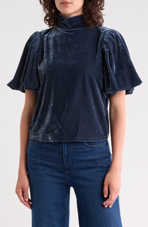 Velvet Mock Neck Puff Sleeve Top