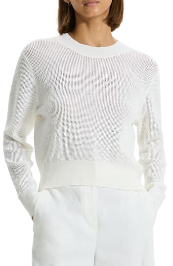 Theory Mini Pointelle Stitch Long-sleeve Pullover Top In White