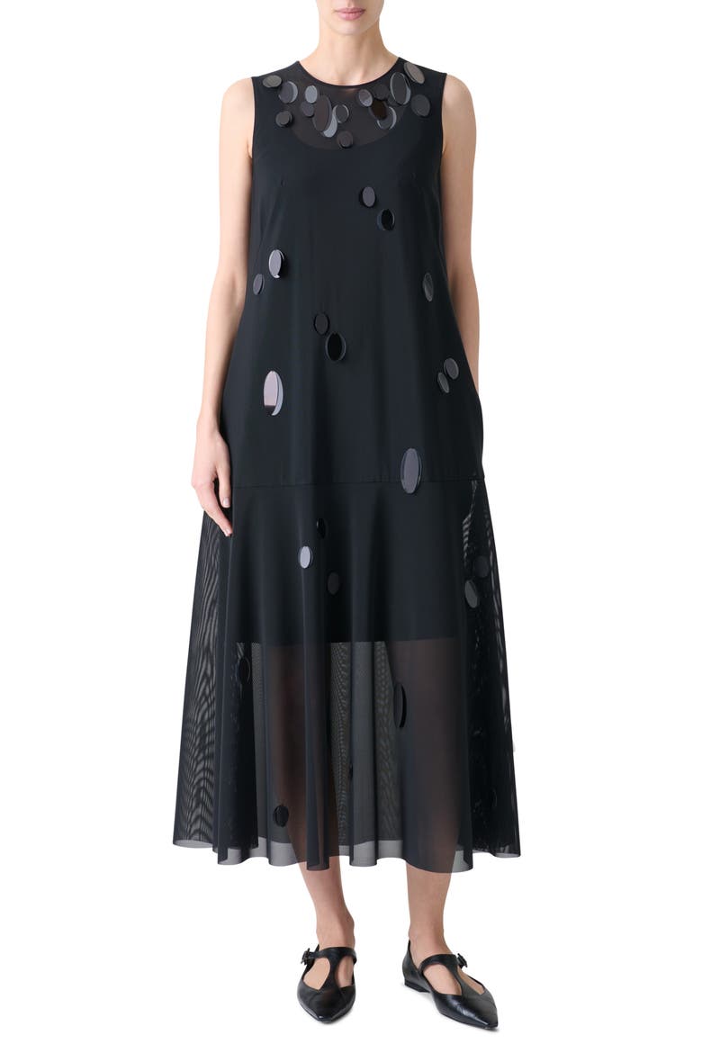 Paillette Detail Techno Tulle Midi Dress, Main, color, BLACK