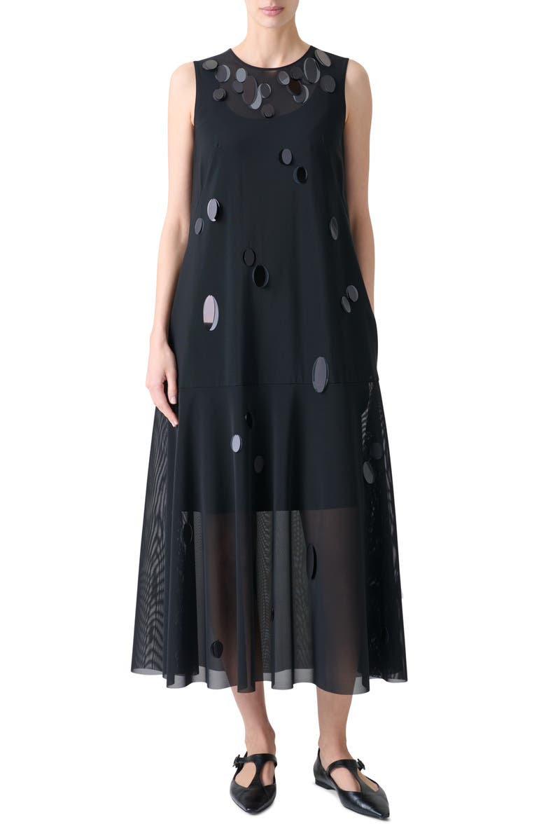 Akris punto Paillette Detail Techno Tulle Midi Dress, Main, color, Black