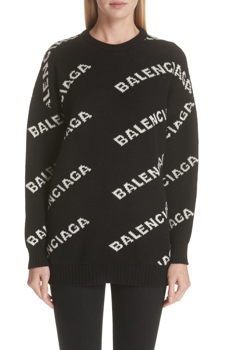 Balenciaga Logo Knit Wool Blend Sweater, Main, color, Black/ White