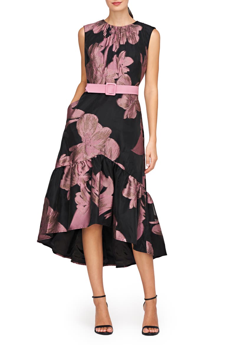 Beatrix Belted Floral High-Low Cocktail Dress, Main, color, BLACK/ PRIMROSE