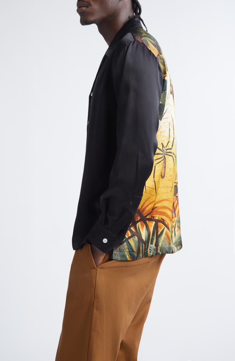 ENDLESS JOY Spiderweb Silk Satin Button-Up Shirt, Alternate, color, Black/ Orange