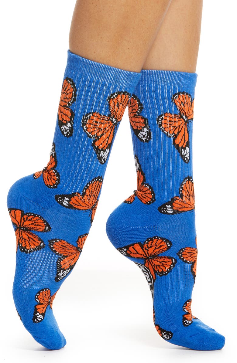 Petals and Peacocks Butterflying Blue Crew Socks, Main, color, 