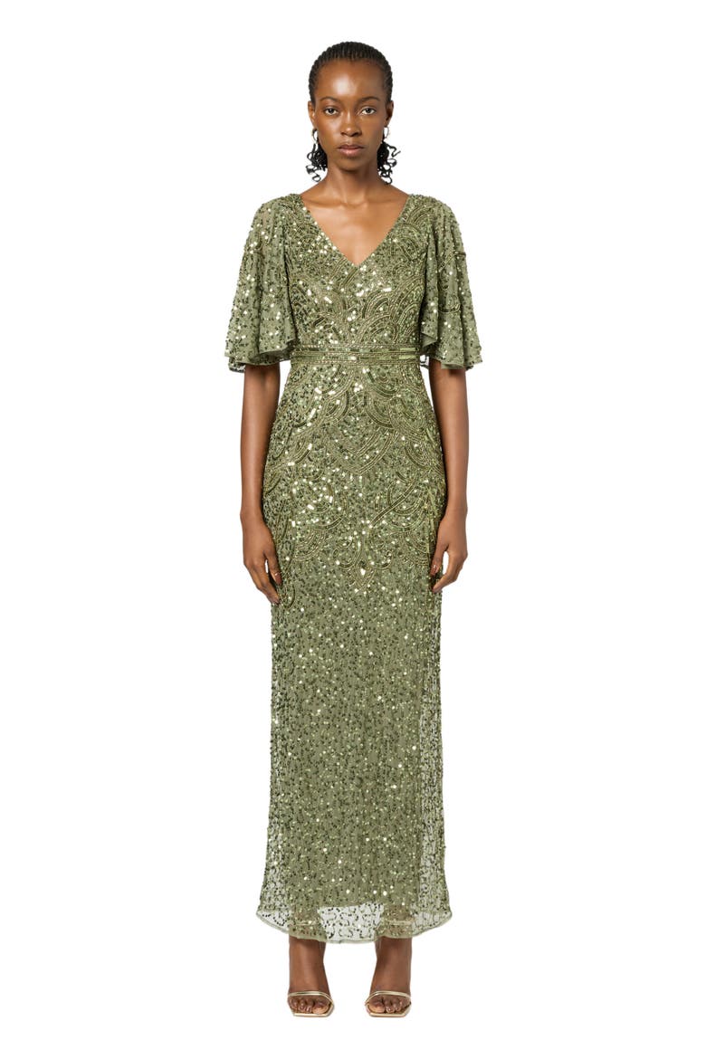 Occasion Embellished Sequin Beaded V Neck With Short Sleeves Evening Dress, Main, color, OLIVE